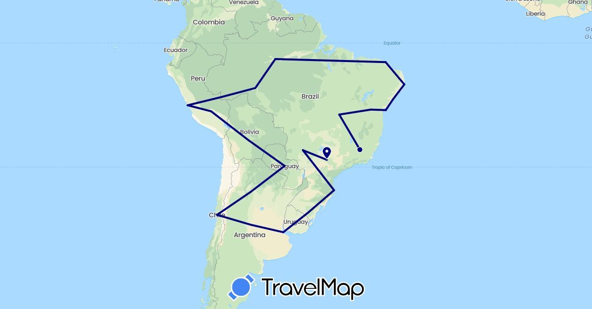 TravelMap itinerary: driving in Argentina, Brazil, Chile, Peru, Paraguay (South America)